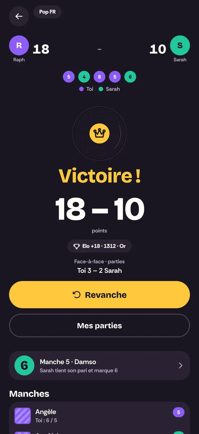Fin d'un duel des Enchères : victoire 18 à 10