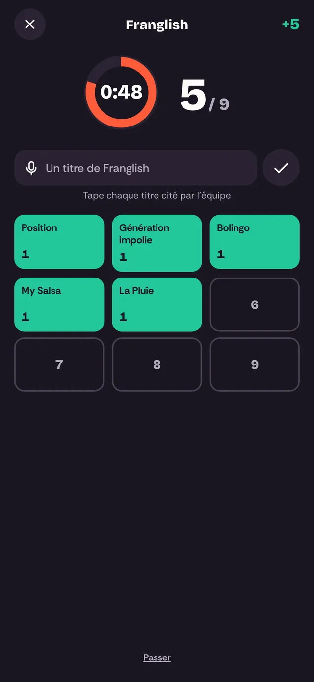 Citez-en 9 : chrono, compteur 5 sur 9 et titres trouvés